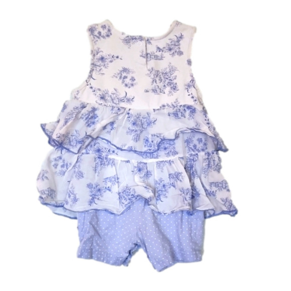 VITAMINS KIDS White and Light Blue Ruffle Romper with Floral/Small Town Patter - Picture 4 of 6